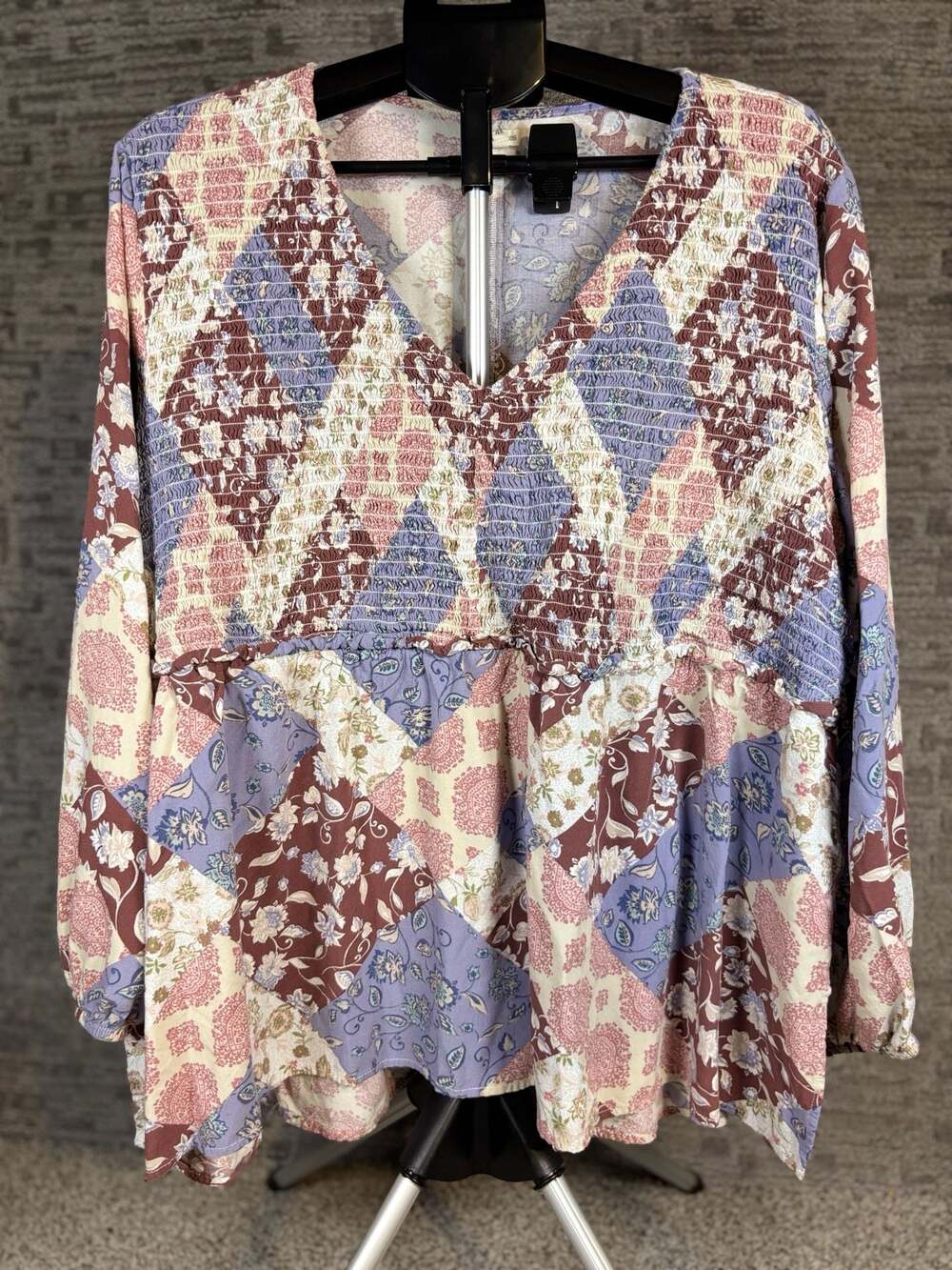 Maurices Patchwork Peplum Top Size 4X Boho V-Neck Smocked Balloon Sleeve 209